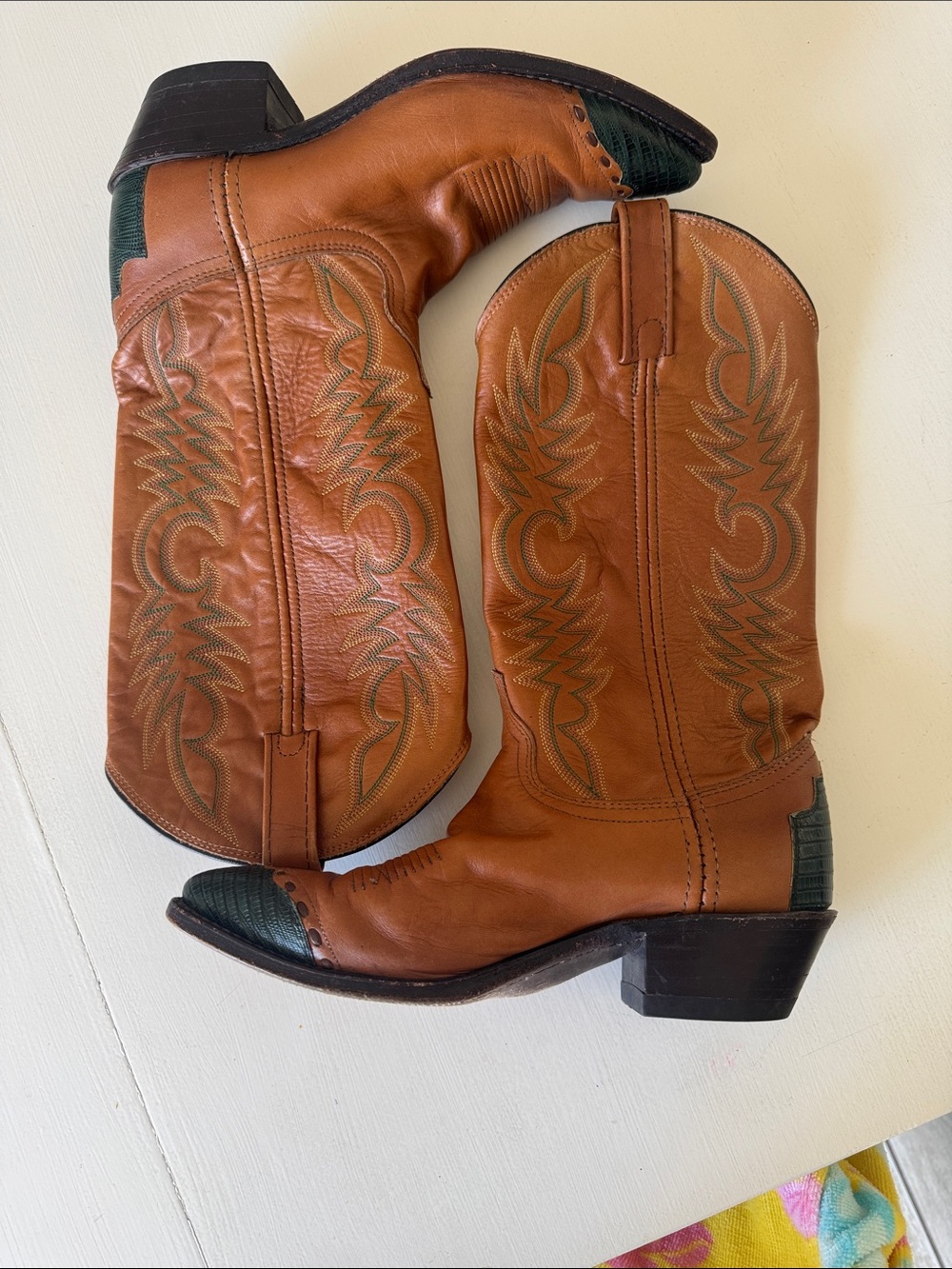 Women's Dan post Brown Leather Western Boots with Dark Green Accents
